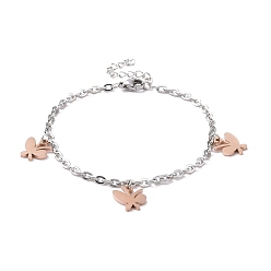 Rose Gold & Stainless Steel Color 304 Stainless Steel Butterfly Charm Bracelet with Cable Chains for Women, Rose Gold & Stainless Steel Color, 7-1/8 inch(18cm)