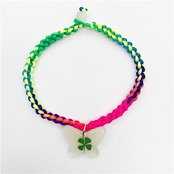 Butterfly Luminous Resin with Clover Charm Bracelet, Glow In The Dark Nylon Cord Braided Bracelet for Women, Colorful, Butterfly Pattern, Pendant: 20mm