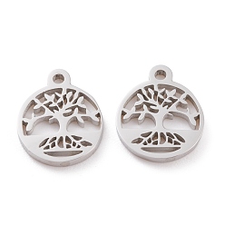 Stainless Steel Color 201 Stainless Steel Charms, Laser Cut, Flat Round with Tree of Life, Stainless Steel Color, 13.5x11x1.5mm, Hole: 1.2mm