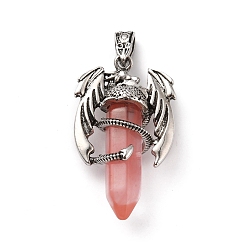 Cherry Quartz Glass Cherry Quartz Glass Pointed Pendants, Faceted Bullet Charms, with Rack Plating Platinum Tone Alloy Dragon Findings, Cadmium Free & Lead Free, 39~41x24~25x13~14mm, Hole: 4x8mm