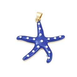 Темно-Синий Латунь эмаль подвески, без свинца и без кадмия, долговечный, очарование морской звезды, реальный 18 k позолоченный, темно-синий, 32x32.5x3 мм, отверстие : 4 мм
