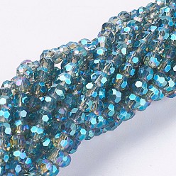 Light Blue Electroplate Glass Beads Strands, Full Rainbow Plated, Faceted, Round, Light Blue, 3.5~4.5mm, Hole: 0.5mm, about 100pcs/strand, 13.9~15.7 inch(35.5~40cm)