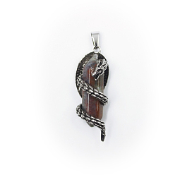 Indian Agate Natural Indian Agate Double Terminal Pointed Pendants, Dragon Charms with Faceted Bullet, with Antique Silver Tone Alloy Findings, 39x15mm