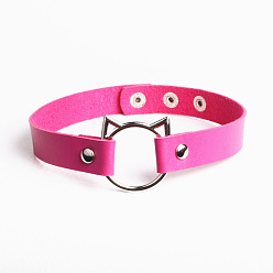 Rose red Cute Cat Head PU Leather Collar for Punk Fashion Street Style with Lock and Clavicle Chain Jewelry