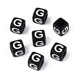 Letter G Начальные акриловые бусины с горизонтальной дырочкой, кубические, чёрные, Буква G, 6x6x6 мм, отверстие : 3.5 мм, 3330 шт / 500 г