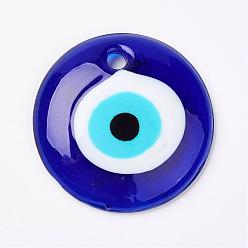 Blue Handmade Lampwork Evil Eye Pendants, Flat Round, Blue, 50x8~10mm, Hole: 4.5~5.5mm
