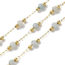 Flower Amazonite Ion Plating(IP) Real 18K Gold Plated 316 Stainless Steel Paperclip Chains, with Faceted Round Natural Flower Amazonite Beaded, with Spool, Soldered, 3mm
