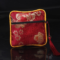 Dark Red Square Chinese Style Cloth Tassel Bags, with Zipper, for Bracelet, Necklace, Dark Red, 11.5x11.5cm