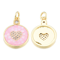 Pink Natural Abalone Shell/Paua Shell Pendants, with Brass Micro Pave Clear Cubic Zirconia Findings and Jump Rings, Dyed, Nickel Free, Real 18K Gold Plated, Flat Round with Heart Charm, Pink, 19.5x14x3.5mm, Jump Rings: 5mm in diameter, 1mm thick, 3mm inner diameter