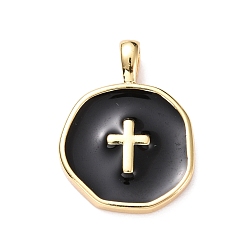 Black Brass Enamel Pendants, Light Gold, Flat Round with Cross, Black, 18x13.5x3.5mm, Hole: 2x3.5mm