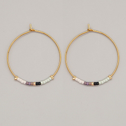 Flamingo Glass Seed Beaded Hoop Earrings, Boho Beach Earrings, Flamingo, 30x30mm