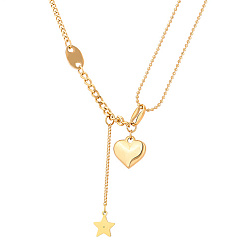 Golden Stainless Steel Lariat Necklaces, with Heart & Star Charms, Golden, 15.75 inch(40cm)