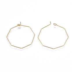 Real 18K Gold Plated Brass Hoop Earring Findings, Wine Glass Charms Findings, Octagon, Nickel Free, Real 18K Gold Plated, 20 Gauge, 30~31x28x0.8mm, Pin: 0.8mm