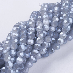 Dark Blue Electroplate Glass Beads Strands, Imitation Jade, Pearl Luster Plated, Faceted(32 Facets), Round, Dark Blue, 3.5~4.5mm, Hole: 0.5mm, about 100pcs/strand, 13.9~15.7 inch(35.5~40cm)
