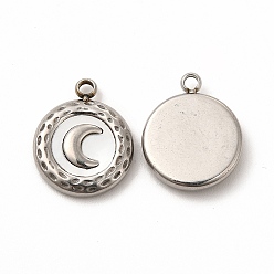 Stainless Steel Color Natural White Shell Flat Round Charms, with 304 Stainless Steel Findings, Moon Pattern, Stainless Steel Color, 16x13x3mm, Hole: 1.8mm