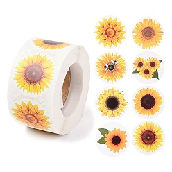 Gold Sunflower Theme Paper Stickers, Self Adhesive Roll Sticker Labels, for Envelopes, Bubble Mailers and Bags, Flat Round, Gold, 3.8cm, about 500pcs/roll