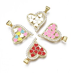 Mixed Color Brass Micro Pave Clear Cubic Zirconia Pendants, with Enamel and Brass Snap on Bails, Nickel Free, Real 18K Gold Plated, Heart, Mixed Color, 20x18.5x2mm, Hole: 3.5x5mm