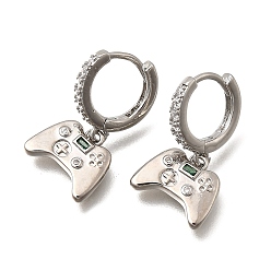 Темный Морско-зеленый Латунные микро проложить серьги обруча кубического циркония, стойки покрытие, долговечный, без кадмия и без свинца, игровой автомат, платина, темно-зеленый, 21.5x12 мм