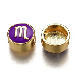 Scorpio Brass Beads, with Enamel, Flat Round with Constellation, Real 18K Gold Plated, Purple, Scorpio, 10x5mm, Hole: 4.5x2.5mm