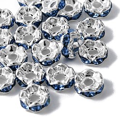 Sapphire Brass Rhinestone Spacer Beads, Grade A, Wavy Edge, Rondelle, Silver, Sapphire, 6x3mm, Hole: 1mm