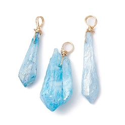 Light Sky Blue Electroplated Natural Quartz Crystal Dyed Pendants, Teardrop Charms with Golden Plated Copper Wire Loops, Light Sky Blue, 34~37x6~10.5x6~9.5mm, Hole: 3.5mm