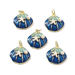 Морской Синий Латунные подвески с микропаве из кубических цирконий с эмалью и искусственным жемчугом из АБС-пластика, формы раковины, стойки покрытие, долговечный, без свинца и без кадмия, с целью перехода в кольце, реальный 18 k позолоченный, Marine Blue, 17.5x17x5.5 мм, отверстие : 3 мм