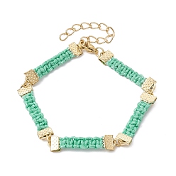 Medium Aquamarine Braided Waxed Polyester Rectangle Link Chain Bracelets, with Real 18K Gold Plated 304 Stainless Steel Clasps, Medium Aquamarine, 6-3/4 inch(17.3cm)