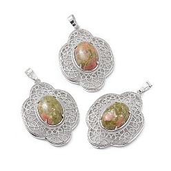 Унакит Природные подвески Unakite, , латунная фурнитура с платиновым покрытием, 44x32x10 мм, отверстие : 8x5 мм