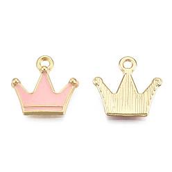 Pink Alloy Pendants, with Enamel, Light Gold, Crown, Pink, 15x16x2.5mm, Hole: 2mm