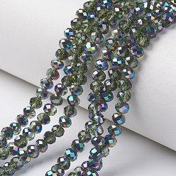 Lime Green Electroplate Transparent Glass Beads Strands, Half Multi-color Plated, Faceted, Rondelle, Lime Green, 3x2mm, Hole: 0.8mm, about 150~155pcs/strand, 15~16 inch(38~40cm)
