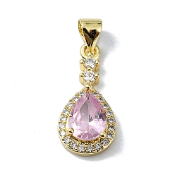 Бледно-Розовый Покрытие стойки настоящее 18k позолоченное латунное микро-паве подвески из кубического циркония, со стеклом, долговечный, без свинца и без кадмия, слеза, розовый жемчуг, 19x9x5 мм, отверстие : 4 мм