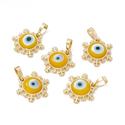Gold Handmade Evil Eye Lampwork Pendants, with Rack Plating Real 18K Gold Plated Brass Findings, Long-Lasting Plated, Snowflake Charm, Gold, 15x14x4mm, Hole: 4x6.5mm