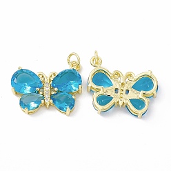 Deep Sky Blue Rack Plating Brass Micro Pave Cubic Zirconia Pendants, Real 18K Gold Plated, Long-Lasting Plated, Cadmium Free & Lead Free, Butterfly, Deep Sky Blue, 19x23x6mm, Jump Ring: 5x1mm, Inner Diameter: 3mm