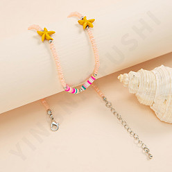 D Pink Starfish Bohemian Colorful Rice Bead Handmade Necklace - Fashionable Seashell Soft Pottery Love Collar Chain.
