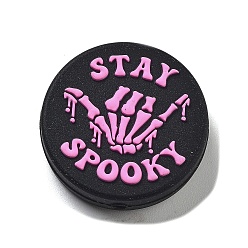 Hot Pink Silicone Focal Beads, DIY Nursing Necklaces Making, Flat Round with Word Stay Spooky, Hot Pink, 28x8mm, Hole: 2mm