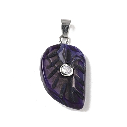 Полосатый Агат Резные подвески из натурального полосчатого агата (окрашенного и нагретого), подвески в виде листьев с 201 микрофиброй из нержавеющей стали и кубическими циркониями, цвет нержавеющей стали, фиолетовые, 26x15x15.5 мм, отверстие : 5.3x3 мм