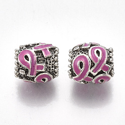 Hot Pink Alloy Enamel European Beads, Large Hole Beads, with Enamel, Drum with Awareness Ribbon, Hot Pink, 11.5x11mm, Hole: 5~6mm