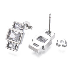 Clear Cubic Zirconia Rectangle Dangle Stud Earrings, Real Platinum Plated Brass Jewelry for Women, Nickel Free, Clear, 14.5x8.5mm, Pin: 0.8mm