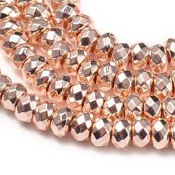 Rose Gold Plated Electroplate Non-magnetic Synthetic Hematite Beads Strands, Rondelle, Faceted, Rose Gold Plated, 3x2.8mm, Hole: 0.8mm, about 210pcs/strand, 15.5 inch(39.5cm)