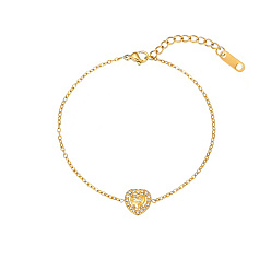 Gold Cubic Zirconia Heart Link Bracelet with Golden Stainless Steel Chains, Gold, 6-1/4 inch(16cm)