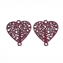 Brown 430 Stainless Steel Links connectors, Spray Painted, Etched Metal Embellishments, Heart with Tree, Brown, 14.5x13x0.5mm, Hole: 1.2mm