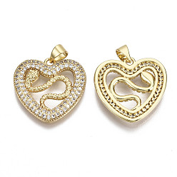 Real 16K Gold Plated Brass Micro Pave Clear Cubic Zirconia Pendants, with Brass Snap on Bails, Nickel Free, Heart with Snake, Real 16K Gold Plated, 21x21.5x3mm, Hole: 5x3mm