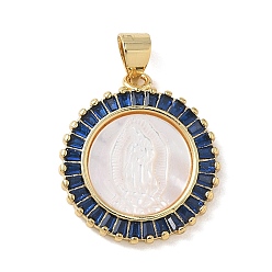 Синий Религия латунь микро проложить цирконий подвески, с оболочкой, плоский круглый со святыми подвесками, стойки покрытие, долговечный, без кадмия и без свинца, реальный 18 k позолоченный, синие, 21.5x18.5x3.5 мм, отверстие : 4.5x3.5 мм