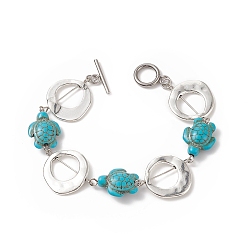 Turquoise Synthetic Turquoise(Dyed) Turtle Link Bracelets, with Tibetan Style Alloy Irregular Ring & 304 Stainless Steel Toggle Clasps, Turquoise(Dyed), 7-5/8 inch(19.5cm)