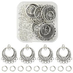 Antique Silver 20Pcs Tibetan Style Alloy Chandelier Component Links, Flat Round, with 100Pcs Jump Rings, Antique Silver, Link: 26x22.5x1.5mm, Hole: 1.6mm