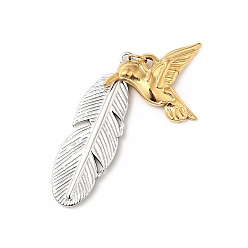 Golden & Stainless Steel Color Ion Plating(IP) 304 Stainless Steel Pendants, with Jump Ring, Feather & Bird, Golden & Stainless Steel Color, 18.5x26x2.7mm, Hole: 3.4mm