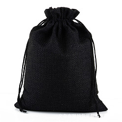 Black Linenette Drawstring Bags, Rectangle, Black, 14x10cm