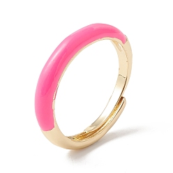 Hot Pink Enamel Adjustable Ring, Real 18K Gold Plated Brass Jewelry for Women, Lead Free & Cadmium Free, Hot Pink, US Size 6~US Size 7 3/4((16.5mm~17.9mm)