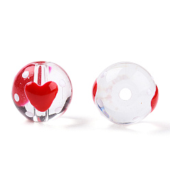 Red Transparent Handmade Lampwork Beads, Round with Heart Pattern, Red, 12.5x11.5mm, Hole: 1.6mm