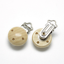 Navajo White Dyed Wood Baby Pacifier Holder Clips, with Iron Clips, Navajo White, 48x29x19mm, Hole: 13.5x5mm
